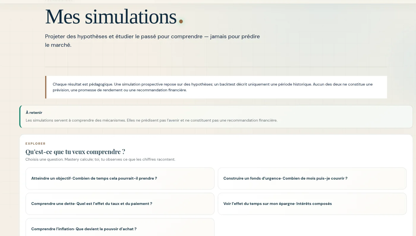Aperçu de l’espace Mes simulations de Mastery
